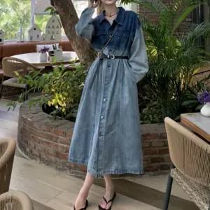 그라데이션 데님 원피스 허리 벨트 포함 셔츠형 청 롱드레스