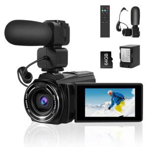 8K 비디오 카메라 캠코더 마이크 배터리 야간 카드 64GB 비디오용 SD 64MP 브이로그 투시 유튜브 스트리밍 회전 WIFI IR 270 캠코더 포함 카메라 4500MAH 18배