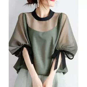 [핑크엘리제]시스루 퍼프소매 벌룬소매 아타카리블라우스