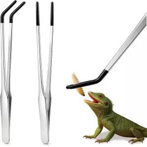 고무 끝이 있는 엑스트라 롱 스테인리스 스틸 파충류 먹이 집게 2팩 - 수족관용 10.6인치 직선 및 곡선형