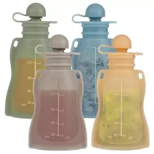Eascrozn 재사용 가능한 이유식 파우치, 유아용 빨대 짜낼 수 있는 파우치가 있는 4팩, BPA 프리, 리필 가