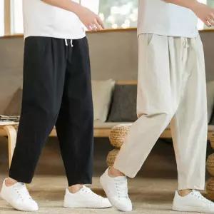 남자 외출 패션 린넨 소재 허리 밴딩 9부 바지 팬츠