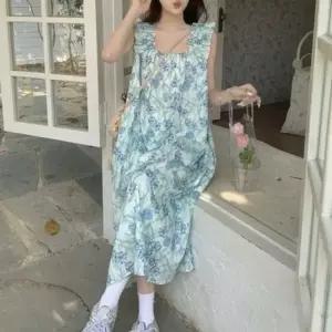 편한원피스 민소매 인기 플라워패턴 롱원피스 스퀘어넥 감성 프릴