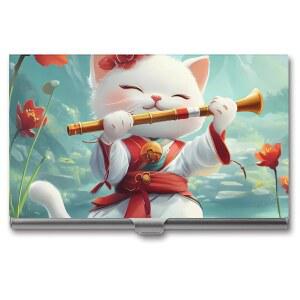 고양이가 플루트 연주하는 음악가 명함 홀더 이름 카드 케이스 남성용 슬림 포켓 지갑