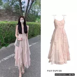 원피스 꽃무늬 프린트 드레스 티톤 페어리 스커트 봄 여름 가을 프렌치 스타일 비대칭 허리 라인 슬리브리