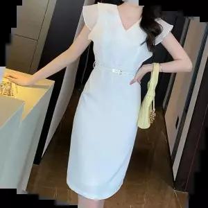 하객룩 물결모양 주름 장식 포인트 흰원피스 정장룩 원피스