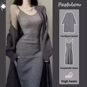 원피스 달콤하고 매콤한 하이 엔드 감각 슬림 피트 랩 스커트 디자인 니트 튜브 탑 드레스 봄 여름 민