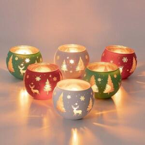 크리스마스 장식용 테이블 홈 디너 보티브 컬러풀 6가지 티라이트 - 홀리데이 글라스 캔들 라이트 장식 티 파티 커피 홀더 중앙 로마데디