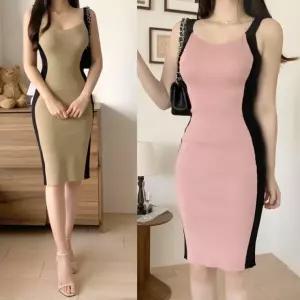 나시 롱 원피스 여성 브이넥 슬림핏 니트  라인 스커트