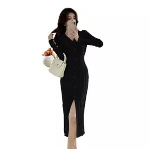 여성용 스커트 원피스 니트 프렌치 브이넥 바람막이 부드러운 긴팔 꽈배기 여밈 원픽1