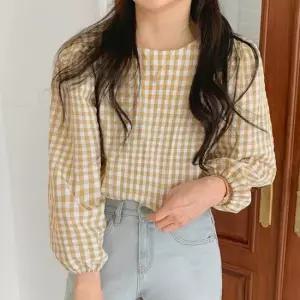 여자 봄 여름 간절기 잔고방체크 벌룬 블라우스