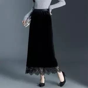 마르소 스커트 검정 롱 가을 여성H라인 벨벳 레이스 일자 A라인 하이웨스트 슬림핏 랩 UNO3
