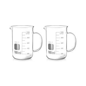 손잡이가 달린 QWORK 비커, 1000ml/33.81온스, 계량컵, 붕규산염 유리, 붓기 스파우트가 달린 비커 머그컵, 2팩