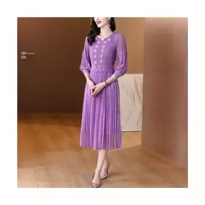 치마 미디 롱 여성원피스 허리조임 슬림 무릎 프릴 A라인 ADOR3