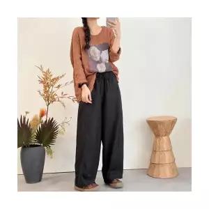 마킷3 여성용 바지 빈티지 가을 캐주얼 편한 허리 밴딩 빅사이즈 배기핏 솔리드 스트링 린넨 JEN3