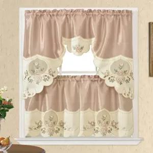 GOHD 로즈 멜로디. 3pcs 주방 카페 커튼 세트. 작은 창문을 위한 스웨그와 24인치 티어 테두리와 삽입된