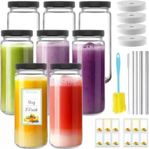 뉴미아오 8팩 블랙 뚜껑 포함 16온스 유리 주스 병 500ml 재사용 가능한 음용 음료 용기 콜드 브루용 물컵