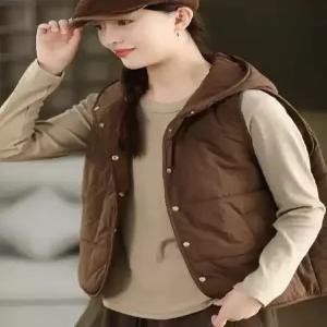 여성 빈티지 캐주얼 후드 카디건 다운 조끼 솔리드 민소매 원픽1