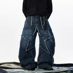 팬츠 청 남성용 가을 배기팬츠 배기 패치 트리밍 오각별 와이드 스트리트 감각 커브드 admr3