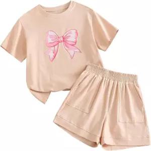 에코랄라 걸스 2피스 여름 아웃티프 그래픽 반팔 상의와 포켓이 있는 엘라스틱 허리 반바지 세트