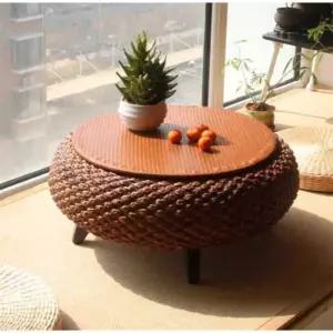 라탄 원형 좌식테이블 이동식 방석 라탄테이블 일본식