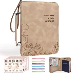 여성용 성경 커버 케이스 형광펜 사용 출혈 없음 대형 탭 공부 스풀리 여아용 PU 가죽 분리 가능한 손목