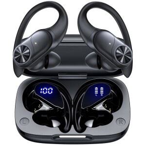POCBUDS 블루투스 헤드폰 무선 이어버드 80시간 플레이타임 충전 케이스 디지털 디스플레이 스포츠 이어버드 이어훅 베이스 IPX7 방수 오버이어 이어폰 포함 TV폰 노트북 블랙
