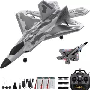 RCKuller RC 비행기 LED 조명이 장착된 4채널 F22 랩터 리모컨 6축 자이로 3가지 비행 모드 원키 에어로빅