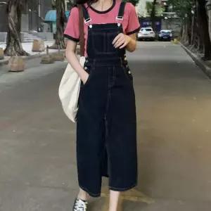 데님 멜빵원피스 스티치 롱기장 H라인 앞트임 끈조절