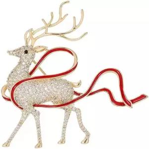 여성 여성용 라인스톤 사슴 크리스마스 브로치 핀 골드 톤 패션 레드 리본 크리스탈 엘크 브로치스 라펠