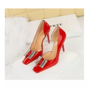 여친 하이힐 파티 스틸레토 힐 슈퍼 작은 사각형 발가락 가죽 금속 라인 버클 슈즈 원픽5