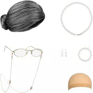 여성을 위한 할머니 의상 가발 가발과 안경 노인 코스프레 학교 파티 100일 기념