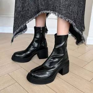 여성 블랙 워커힐 사일런트 윙팁 키높이 키다리 스트랩 워커 라이더 부츠 슬림 DUCHI5