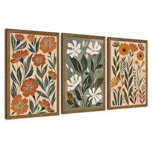 piredHues 3 추상 보호 플로럴 캔버스 월 아트 그린 베이지 플라워 마켓 데코 거실 침실 사무실용 미니멀리스트 컬러풀 보타니카 아트워크 프린트 12x16인치 나무 프레임