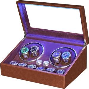 ANWBORAD 자동 시계용 시계 와인더 4+6 회전기 및 슈퍼 콰이어 모터 LED 백라이트 Turner 4 회전 모드