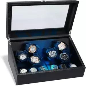 자동 시계용 JuviPrice 시계 와인더 보관함이 있는 파란색 백라이트와 폼 패드가 4가지 회전 모드 상자