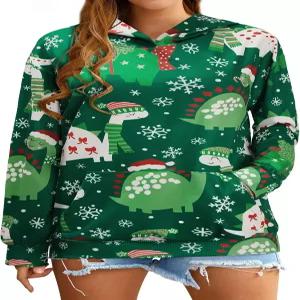 RMCMS 여성 공룡 웃긴 후드 스웨트셔츠 포켓 크루넥 캐주얼 루즈 귀여운 상의 긴 소매 풀오버 셔츠