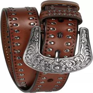 빈티지 실버 버클이 있는 여성 웨스턴 가죽 벨트 35mm 스터드