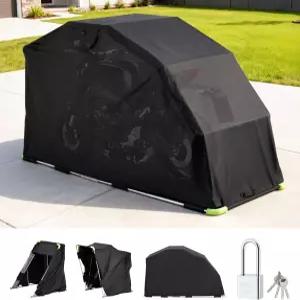 잠금 장치가 있는 VEVOR 오토바이 보관소 110 x 43 63인치 600D 옥스포드 플립업 차고 텐트 측면 창문이