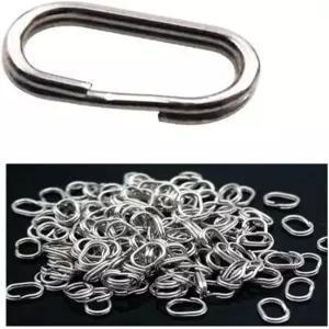 100개 낚시 스플릿 링 스테인리스 스틸 타원 회전 스냅 잉어 태클 체인 커넥터 헤비 듀티 크기 와이어 직경