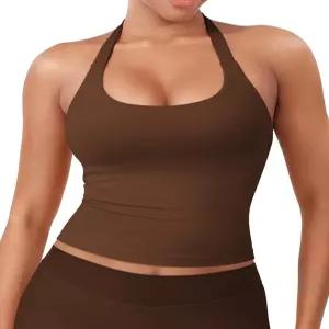 여레오 소프트휴 여성 임팩트 홀터 탱크 탑 롱라인 백리스 스쿱 넥 내장 브라 스포츠 운동 체육관 크롭탑