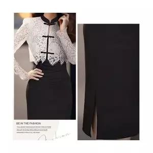 여자 원피스 레이스 허리 스트랩 드레스 투피스 패션 스탠드 칼라 긴팔 탑 슈트 세트 원템5