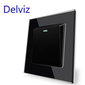 Delviz 강화 유리 패널 TV 컴퓨터 스위치 86mmx86mm 검정색 1 갱 2 방향 푸시 버튼 크리스탈 16A 벽 전원