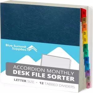 블루 서밋 월간 파일 정리함 확장 디바이더가 있는 편지 크기 12개월 폴더 책상 및 문서용 종이 분류기