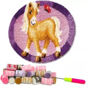 DLYTG 래치 후크 키트 러그 핑크 말 코바늘 뜨개질 실로 쿠션 색상 미리 인쇄된 캔버스 커버 바늘 작업 DIY