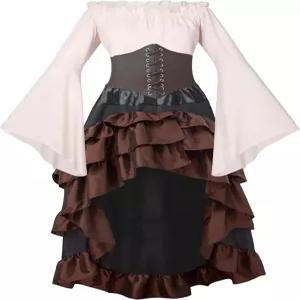 골드스티치 여성 해적 의상 중세 르네상스 셔츠 스커트 코르셋 벨트 할로윈