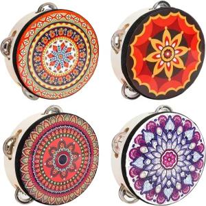 유언 4팩 6인치 컬러풀 탬버린 외줄 징글과 리본 작은 나무 손잡이 드럼 타악기 선물 춤 사진 소품