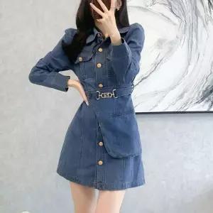 EAMT 원피스 미디 청 벨트 청스커트 긴팔 여성원피스 YJ5