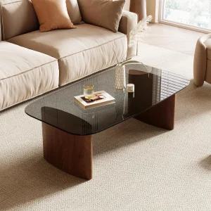 모던 유리 커피 테이블 거실용 튼튼한 나무 받침대가 있는 템퍼드 유리탑 작은 공간을 위한 아파트 사무실