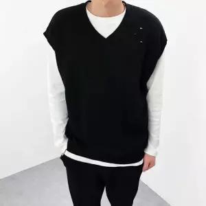 [엠클로]남자 오버핏 셋업 3단쭈리 코튼 데미지 브이넥 조끼 베스트 남여공용 3컬러